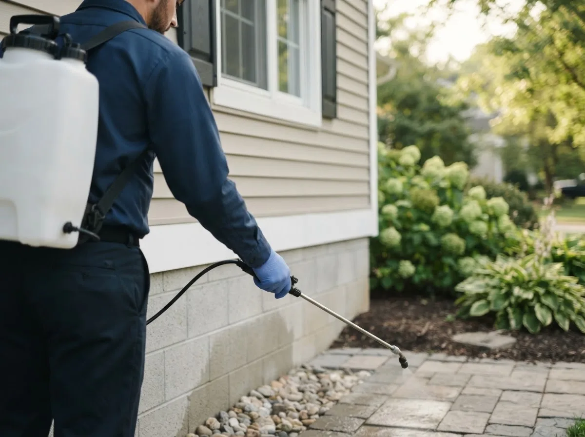 Pest control technician inspecting a home in Union, IA